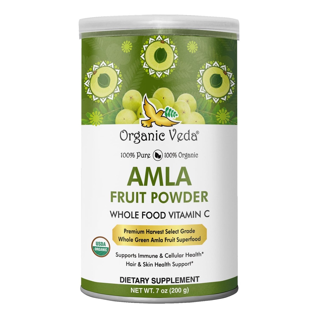 Biologische Veda Amla Powder Organic,7oz - Indian Gooseberry Powder for Hair - 100% Pure Amla Fruit Powder Rijk aan vitamine C, Antioxidanten, Ondersteunt Immune, Decompensative & Skin Health, Non-GMO, Vegan