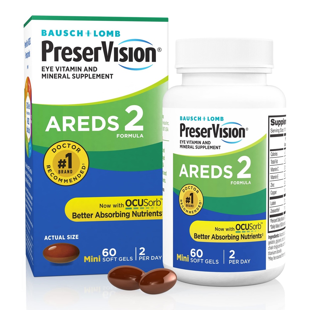 PreserVision AREDS 2 Oogvitaminen, #1 Oogarts Aanbevolen Merk, Luteïne en Zeaxanthine Supplement met Vitamine C, Vitamine E, Zink en Koper, 60 Softgels (Minigels)