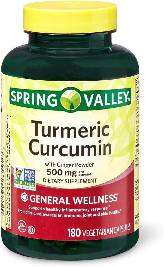 Spring Valley Kurkuma Curcumin 500mg met 50mg Gemberpoeder Twin Pack 180 Vegetarische Capsules
