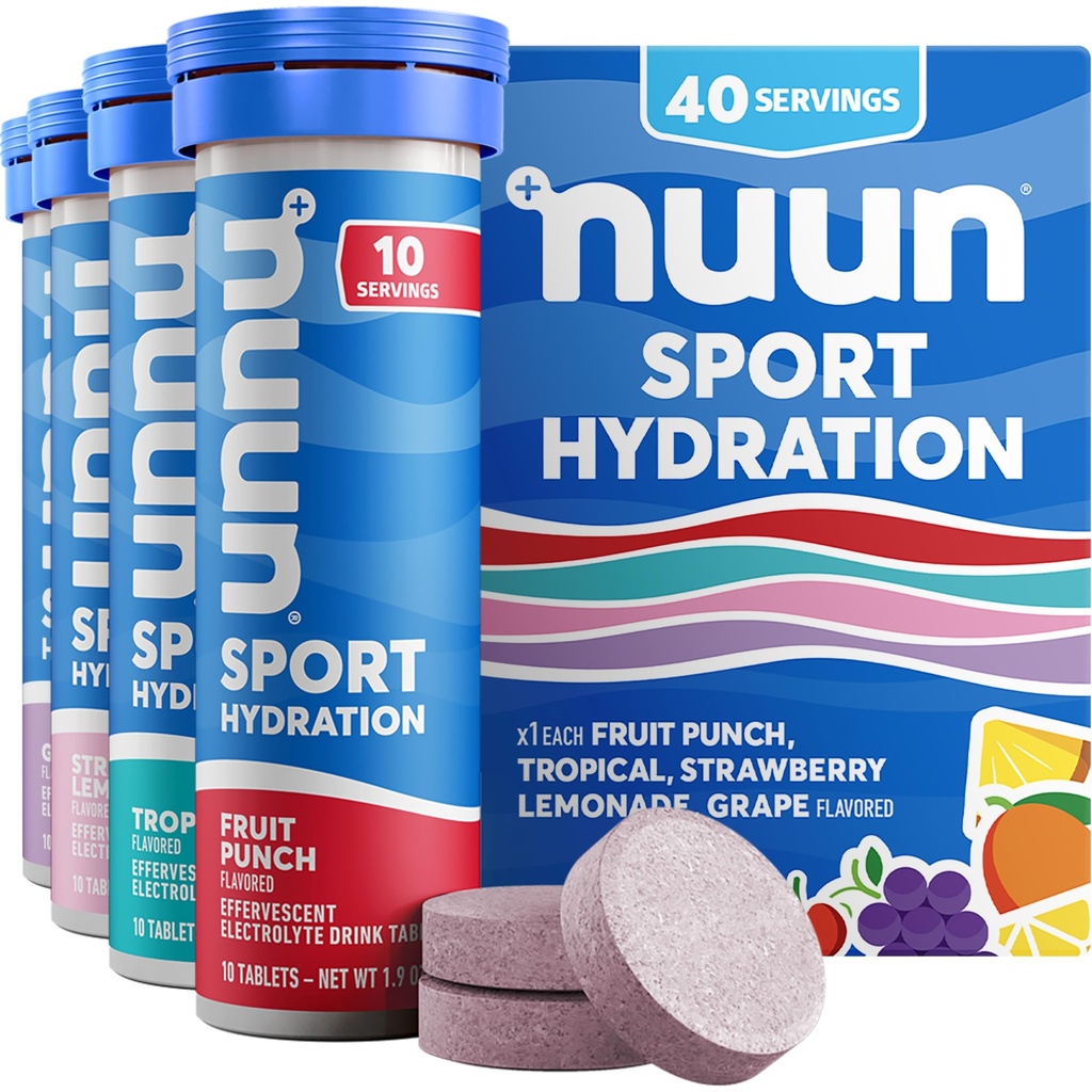 Tablettes électrolytiques Nuun Sport avec Magnésium, Calcium, Potassium, Chlorure et sodium, Sans gluten et végétalien, Arômes mélangés, 4 Pack (40 portions Total)