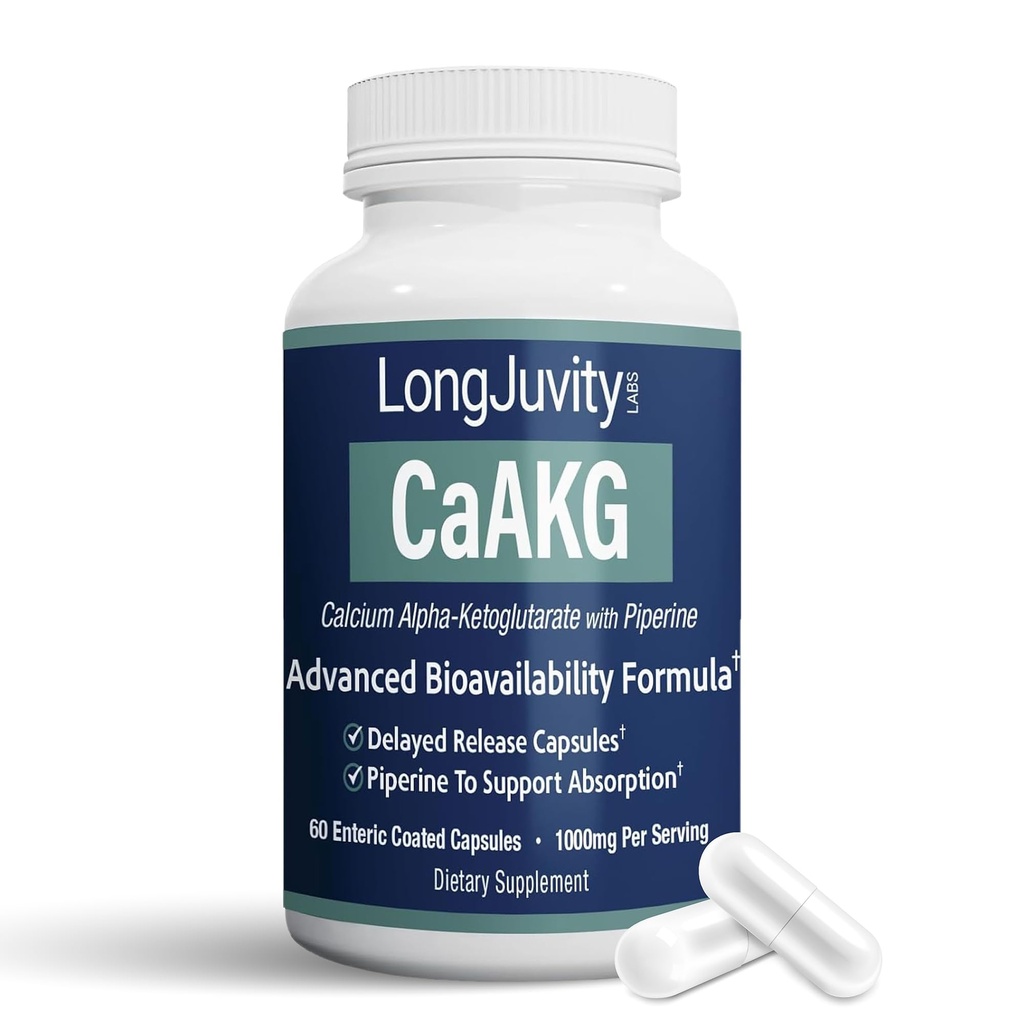 LongJuvity Calcium Alpha-Ketoglutarate Time Release AKG Supplement (1.000 mg per portie) - Gut Heath, Bone Health, Anti Aging & Longevity - Onafhankelijk Lab Getest (60 Enteric Coated Capsules)