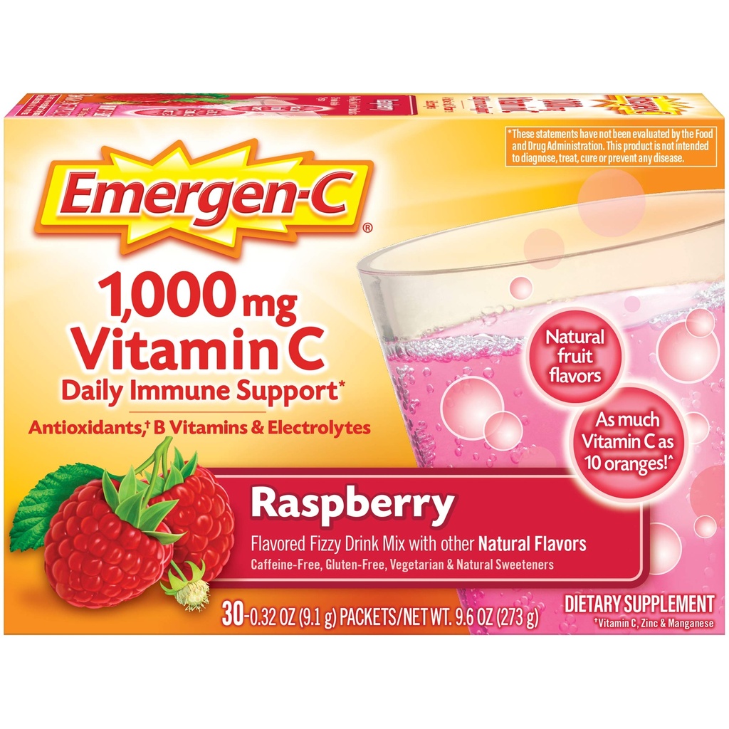 Emergen-C 1000mg Vitamine C Immune Support Poudre framboise 30CT comprend le zinc, le manganèse, 7 B vitamines et électrolytes pour les essentiels de retour à l'école