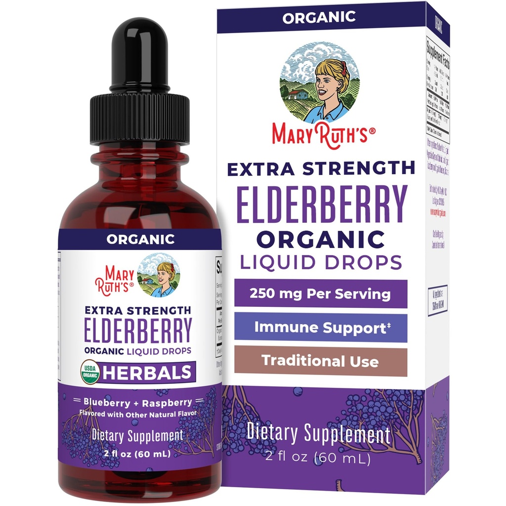 MaryRuth Organics Vlierbes Siroop Extra sterkte, USDA Biologische Vlierbes, Suiker Vrij Volwassenen & Kids Immuun Ondersteuning Supplement voor leeftijden 1+, Clean Label Project Geverified®, Vegan, Glutenvrij, 2 Fl Oz