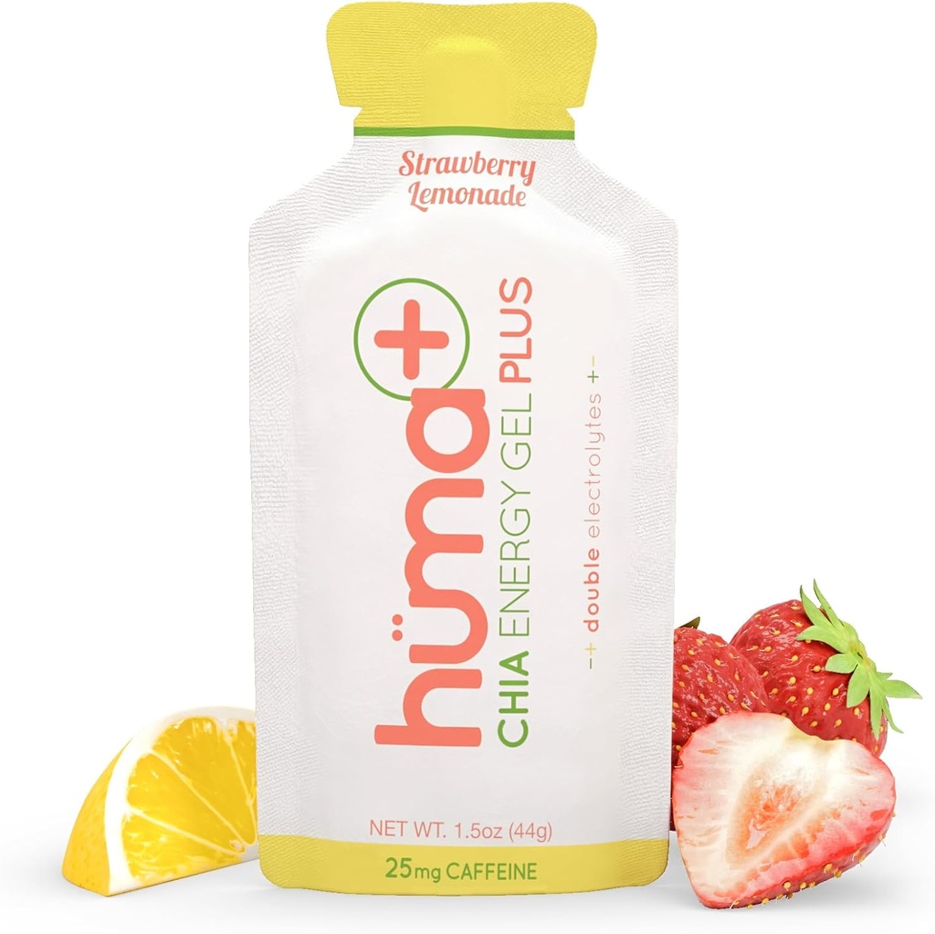 Huma Plus (Dubbele Elektrolyten) - Chia Energy Gel, Aardbei Lemonade, 24 Gels, 25mg Cafeïne - Maagvriendelijk, Real Food Energy Gels