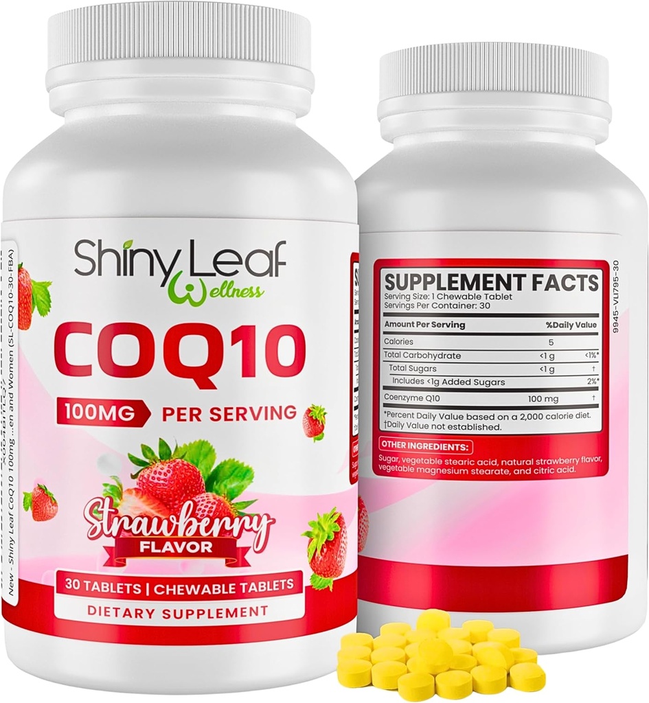 Shiny Leaf CoQ10 100mg - Kauwbare CoQ10 Supplement - Co-enzym Q10 voor Hartgezondheid en Energie - Natural Co Q 10 Supplement - Voor Cardiovasculaire Wellness - 100mg Kauwtabletten, 30 tabletten, Made in USA