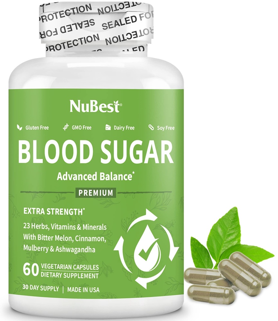 Sucre de sang - Formule avancée avec Melon amer, Ashwagandha, cannelle, chrome, magnésium, vitamines, acide alpha lipoïque, poivre Cayenne et plus de 60 capsules