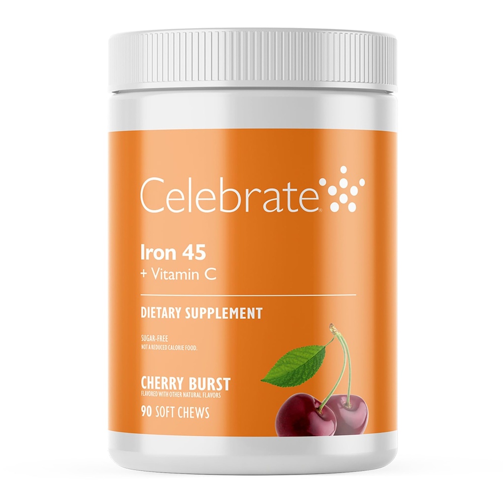 Vier vitamines ijzersupplement met vitamine C - 45 mg ijzer, 60 mg vitamine C, bariatrische vitamines voor WLS-patiënten, verticale sleeve & Gastric Bypass Chirurgie - Cherry, 90 Zachte kauwen