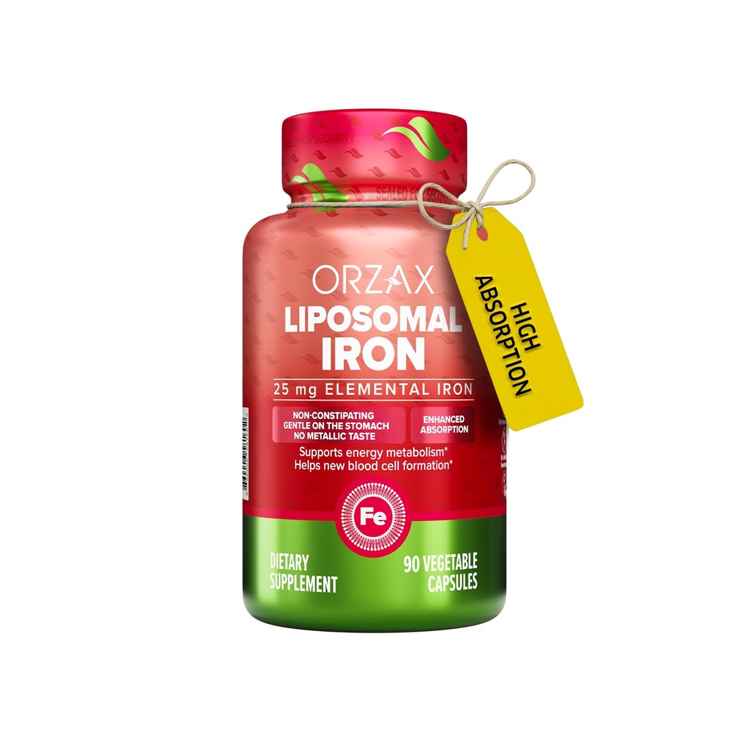 ORZAX ijzersupplement 25 mg -liposomale technologie- hoge biologische beschikbaarheid 90 plantaardige capsules, helpt nieuwe bloedcelproductie, niet-constipatie, niet-GMO en glutenvrij, voor vrouwen, mannen, volwassenen