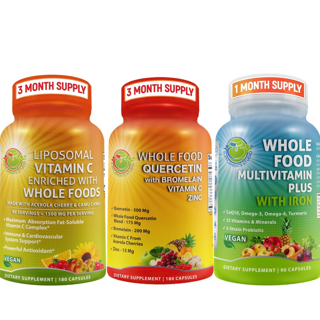 Complete dagelijkse vitamines - quercetine met bromelaine supplement bundelen met multivitamine Plus voor mannen & vrouwen met ijzer en liposomale vitamine C vloeibare gel - voor Immune, Respiratory, Digestieve ondersteuning