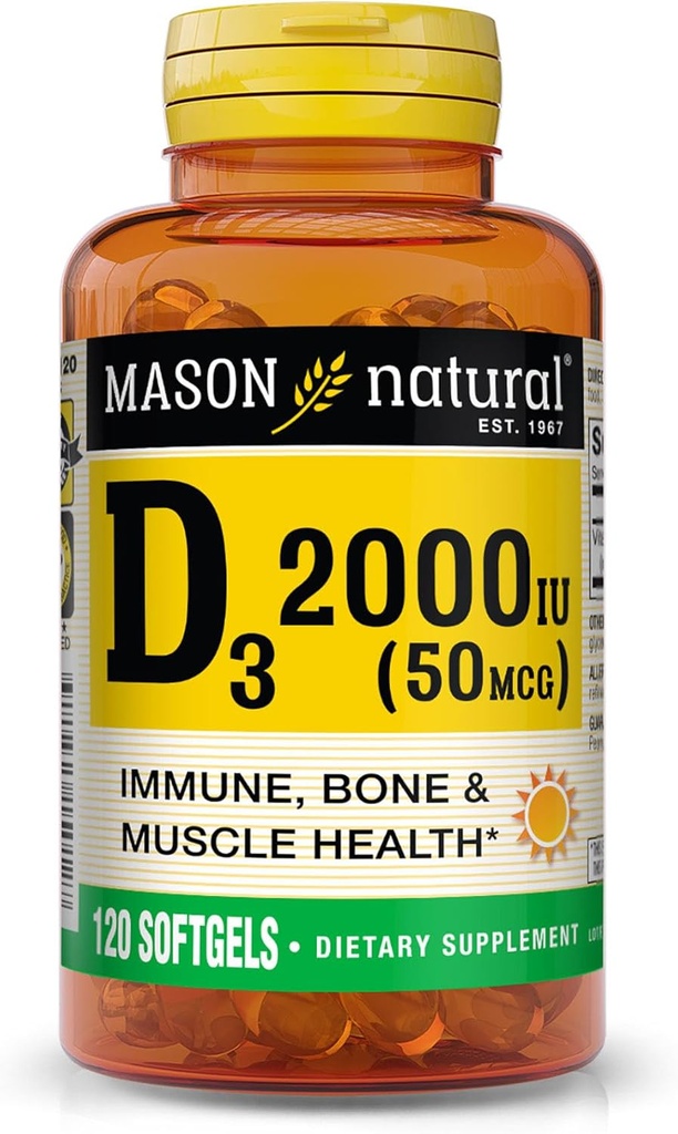 MASON NATUURLIJKE Vitamine D3 2.000 IE Ultra sterkte, ondersteunt botdichtheid, sterkte en immuungezondheid, 120 Softgels