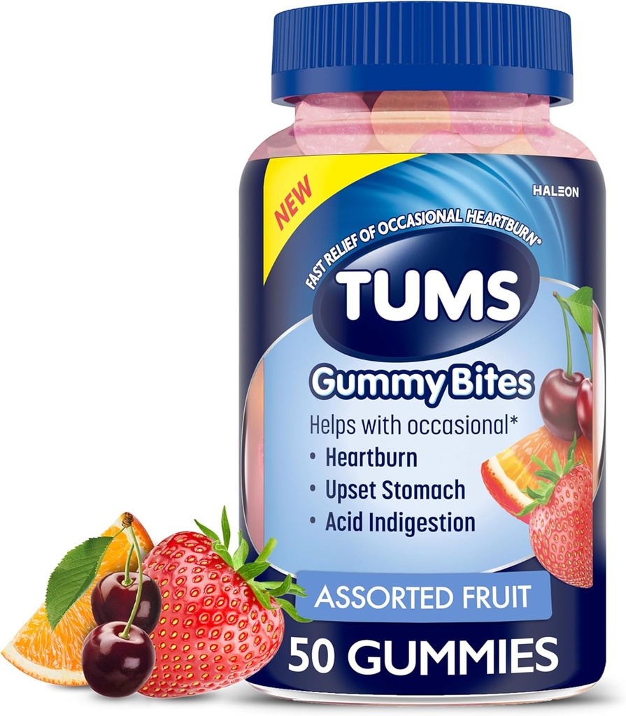 TUMS Gummy Bites Dieetsupplement voor Occasional Heartburn Relief, Upset Maag en zuur Indigestie, Diverse Fruit Smaken - 50 Tellen