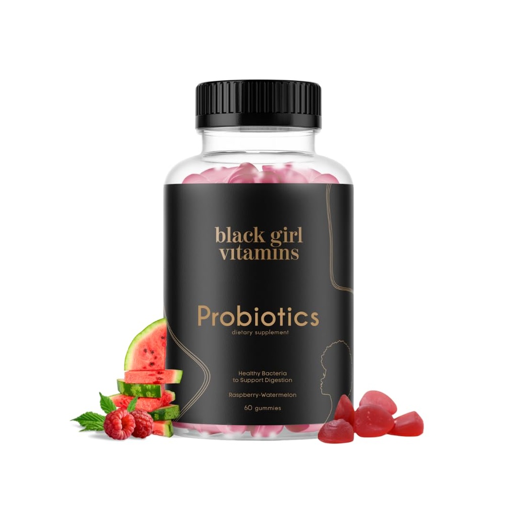 Vitamines de fille noire - Gommies probiotiques pour la santé digestive et le soutien immunitaire, Vitamines sans gluten, (framboise-melon), 60ct