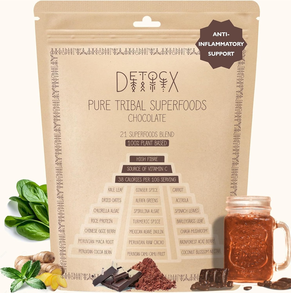 21 Supergreens Poudre de Chocolat (en anglais) Énergie (en anglais) Digestion (en anglais) Superfoods Organic,Probiotic,Prebiotic,Fibre,Vitamines, Minéraux (en anglais)Gluten&Dairy&Soy Free (en anglais) Vegan (en anglais) 30+ Servants/8.82oz