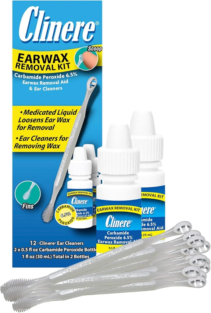 Clinere Earwax Removal Kit, veilig en zacht schoon oor Wax, jeuk Relief, werkt direct .5oz Carbamide Peroxide, 2 x .5 Fl Oz met 12 Sticks