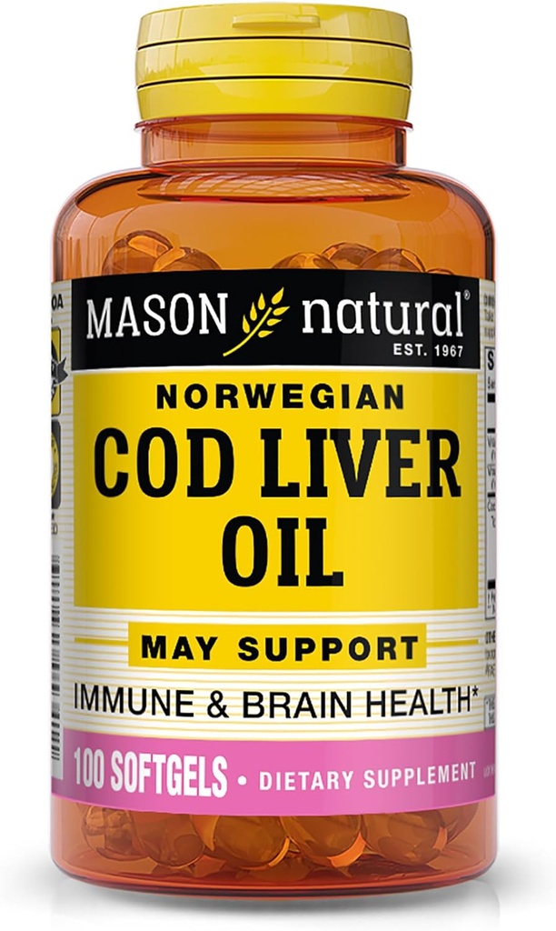 MASON NATUURLIJKE Kabeljauw Leverolie Plus Vitamine A & D3 - Gezond Hart en Hersenfunctie, Verbeterde Immuniteit, Ondersteunt Algemene Gezondheid, 100 Softgels