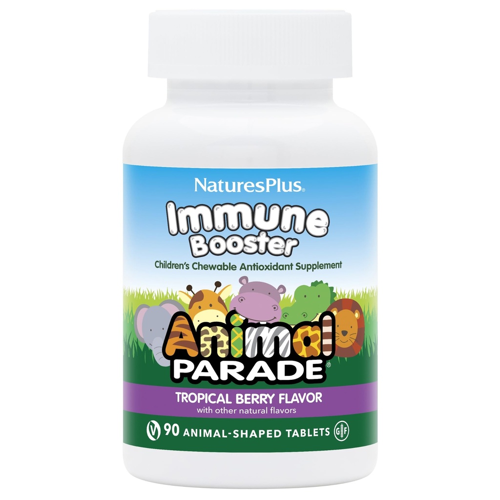 Natures Plus Animal Parade Immune Booster - Tropical Berry Flavor - 90 Animal-Shaped Kauwtabletten - Biedt Immune System Support - Glutenvrij, Veganistisch - 45 porties