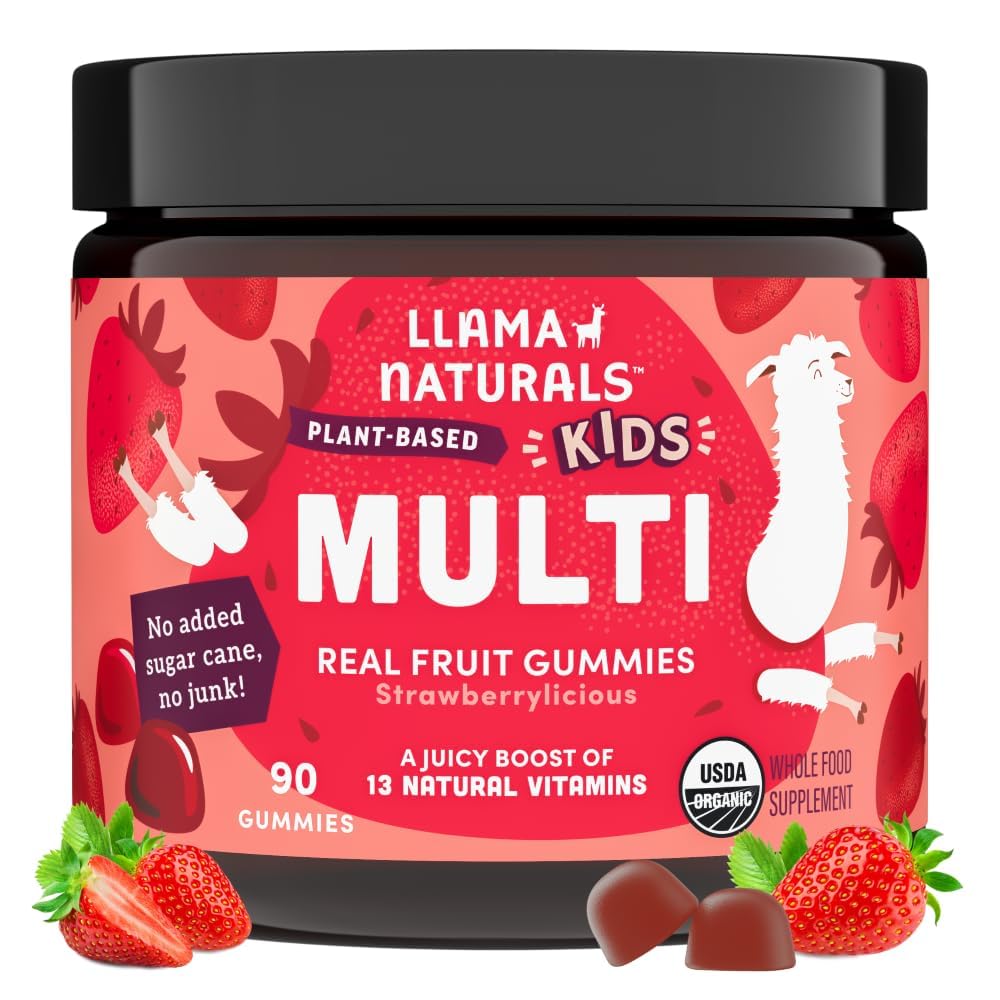 Llama Naturals Kids Multivitamine Gummies, Veganistisch, Organisch met vitamine D, C & K, Peuter Real Fruit Gummy Vitaminen, Kauwbare Supplement, Whole Food Multivitamine, Geen toegevoegde suiker Cane, Aardbei, 90 Ct