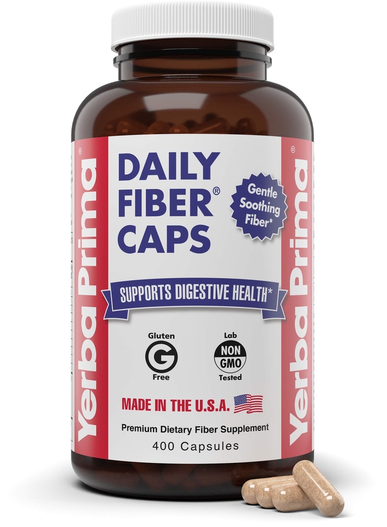 Yerba Prima Daily Fibre Caps Formula, 400 Capsules - Soluble et Insoluble - avec Psyllium Seed Husks, Acacia Gum, Apple Fibre et plus - Complément alimentaire