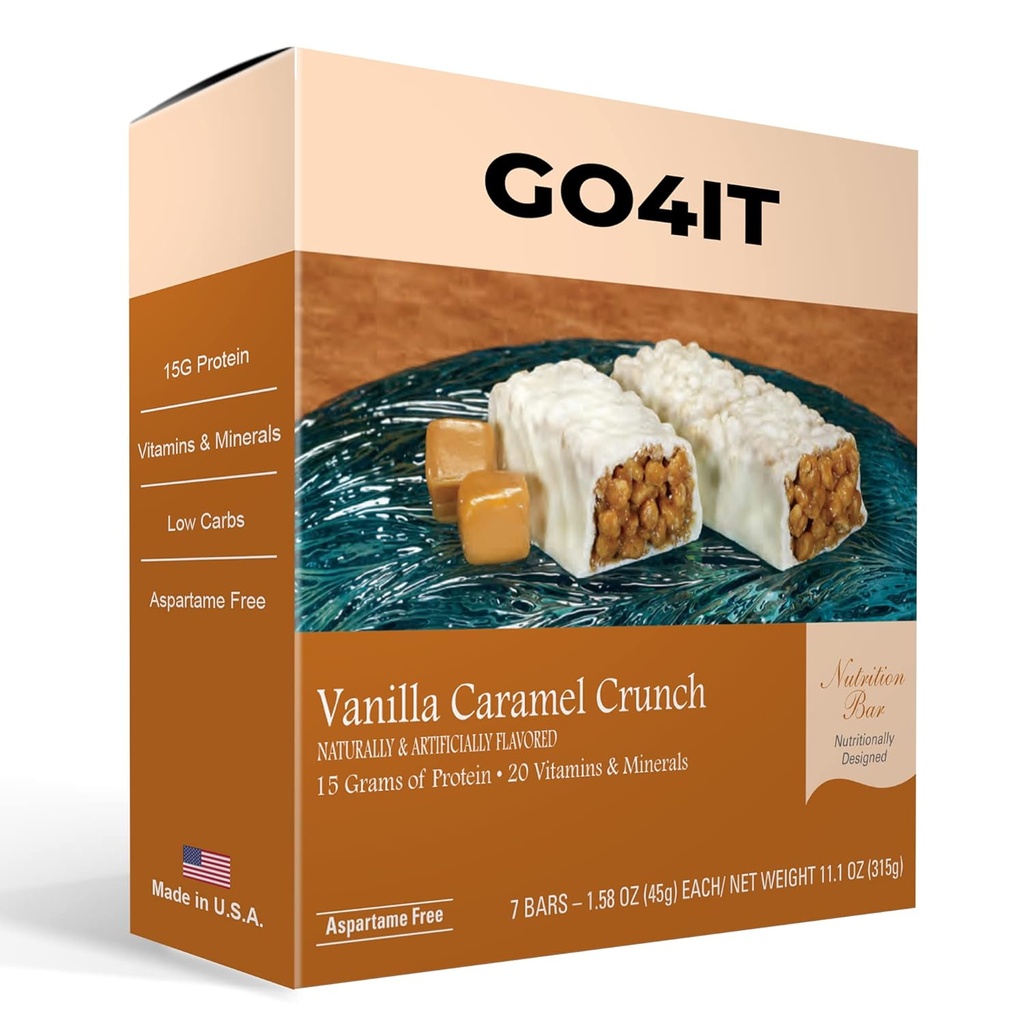 GO4IT Health Meal Replacement Bar, High Protein Nutrition Bar, High Fiber, LOW Calories, KETO vriendelijk, Onderweg, Weight Loss Food Bar, 7/Box - (Vanilla Caramel Crunch)