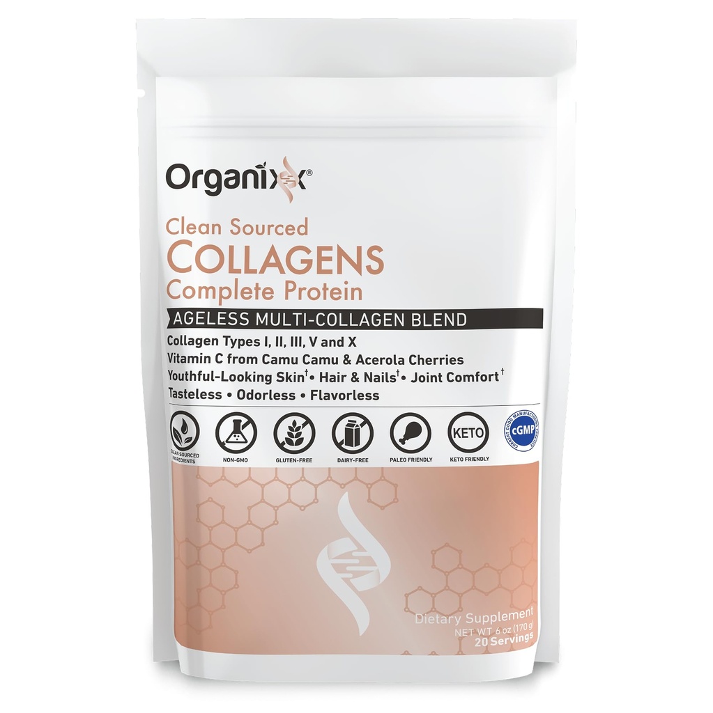 Organix Collageen Peptides Powder with Vitamin C, Types I, II, III, V, X Hydrolyzed Collageen, Hair, Nail, Skin, Bone & Joint Health, Aging Support, Clean Sourced, Gluten Free, Unflavored, 20 Servers