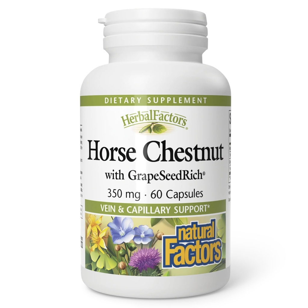 HerbalFactors by Natural Factors, Horse Chestnut, Antioxydant Support pour un système circulatoire sain et des veines avec GrapeSeedRich, 60 capsules (60 portions)