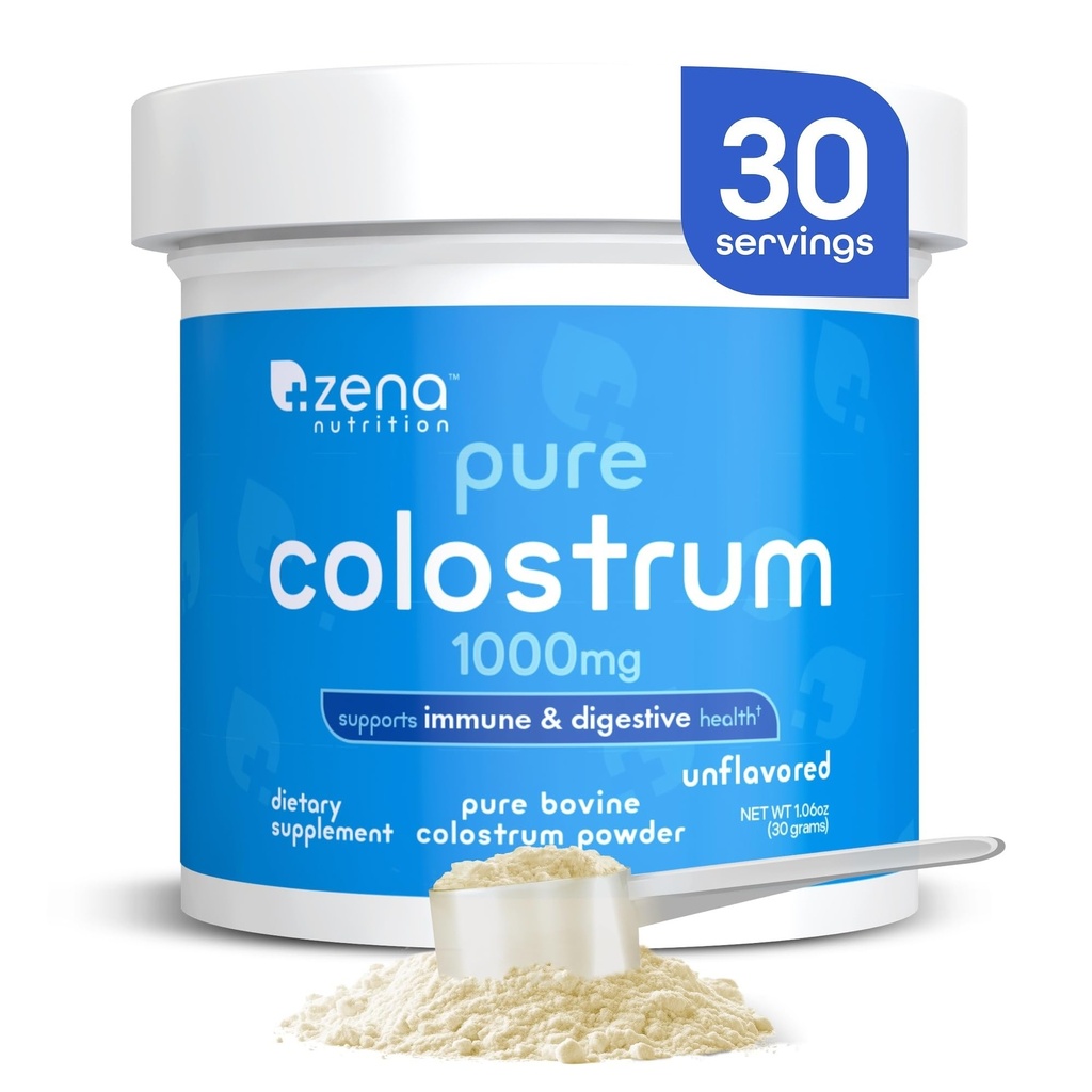 Zena Nutrition Bovine Colostrum Powder Supplement, 1000mg Pure Colostrum, Ondersteunt Immune en Digestieve Gezondheid, Promoot Gut Health, Keto, Glutenvrij, Vetvrij, Grass Fed, Unflavored, 30 porties