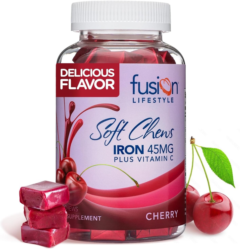 Supplément de fer à croquer pour les femmes et les hommes - Saveur de cerise, Vitamine de fer C Soft Chew pour l'absorption maximale, Fer comme Fumarate de fer, Idéal pour l'anémie et la carence en fer, 2 mois d'approvisionnement