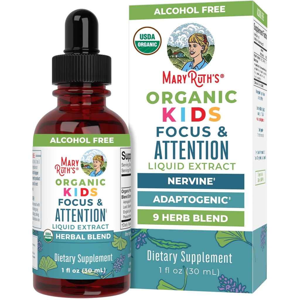 MaryRuth Organics Kids Brain Supplements for Memory and Focus, USDA Organic Drops with Ginkgo Biloba, Rhodiola Root & Licorice Root, Focus & Attentie, Kalm, Veganistisch, Non-GMO, Glutenvrij, 30 porties