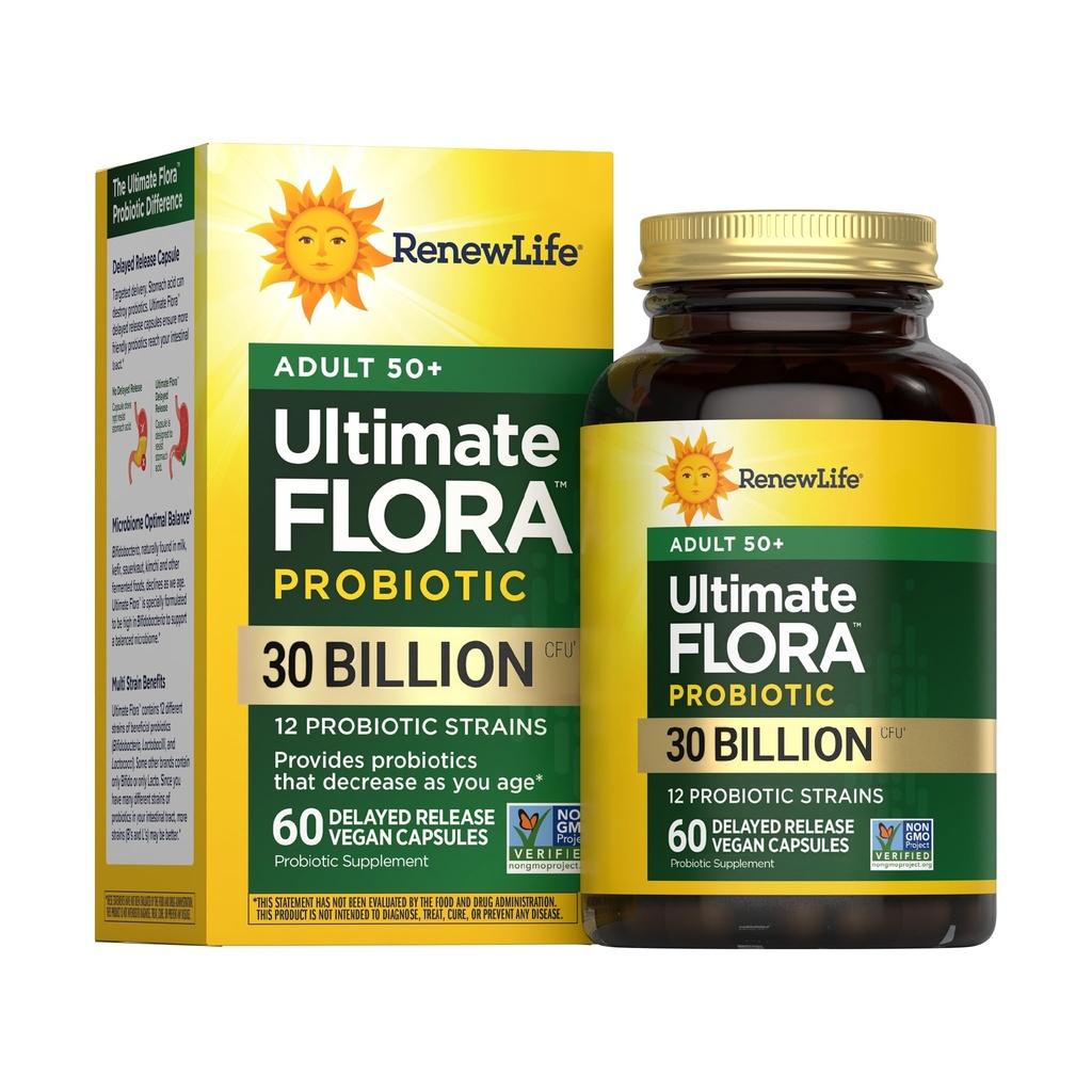 Renouveler la vie Probiotique Adulte 50 Plus Capsules Probiotiques, Supplément quotidien soutient la santé urinaire, digestive et immunitaire, L. Rhamnosus GG, Laiterie, Soy et sans gluten, 30 Million CFU, 60 Compte