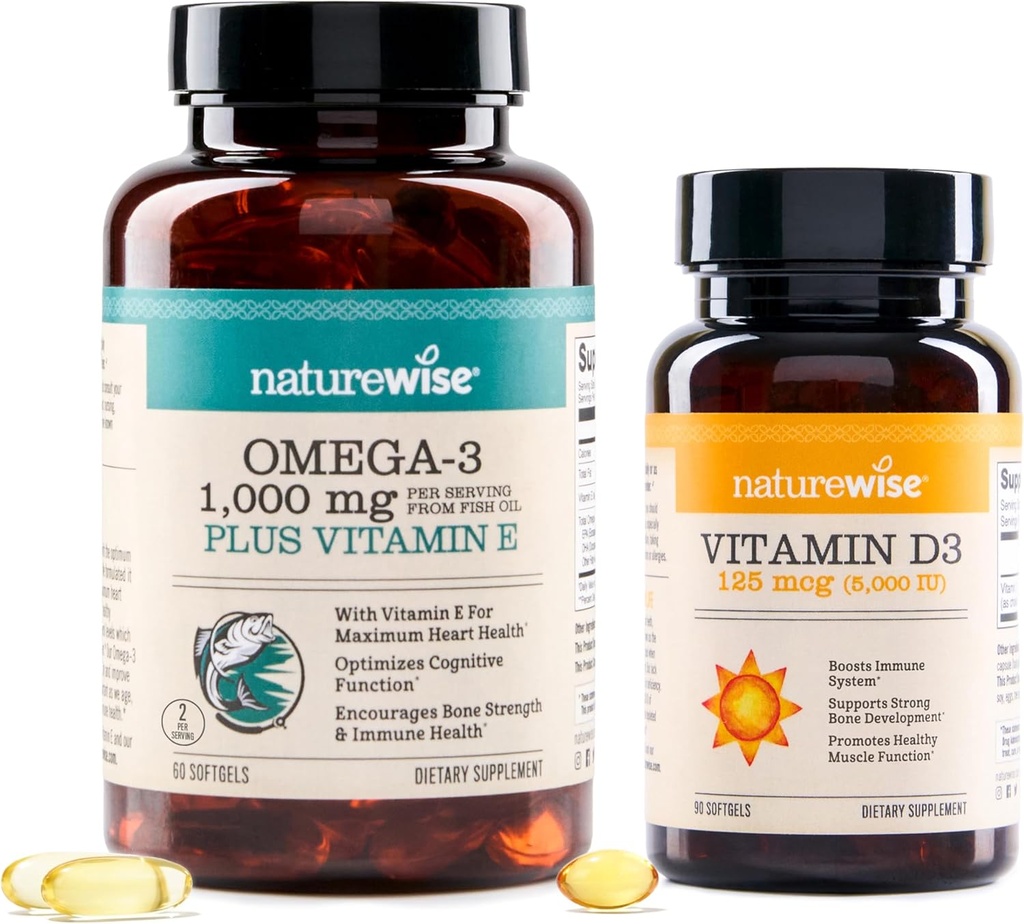 NatureWise High-Potency 1000mg Omega 3 met 600mg EPA, 400mg DHA, & Vitamine E & Vitamine D3 5000iu (125 mcg) Gezonde spierfunctie, en Immuunondersteuning