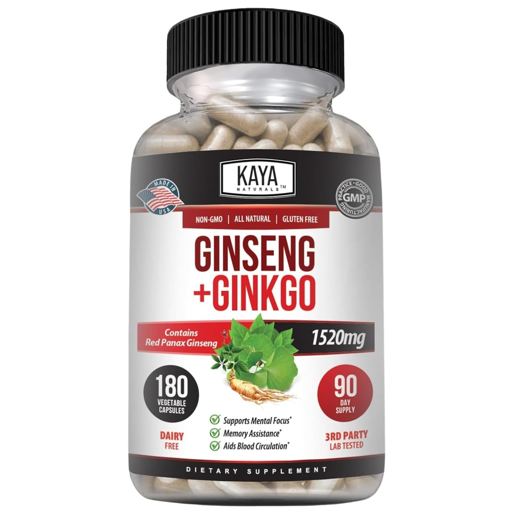 Kaya Naturals Red Panax Ginseng + Ginkgo Biloba - Supplément Cerveau Nootropique - Soutien Cognitif et Concentration - Supplément Cerveau, Focus et Mémoire - 180 Capsules