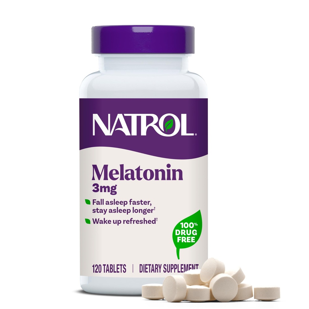 Natrol Melatonine 3 mg, Dieetsupplement voor rustgevende slaap, Slaapsupplementen voor volwassenen, 120 Melatonine tabletten, 120 Day Supply