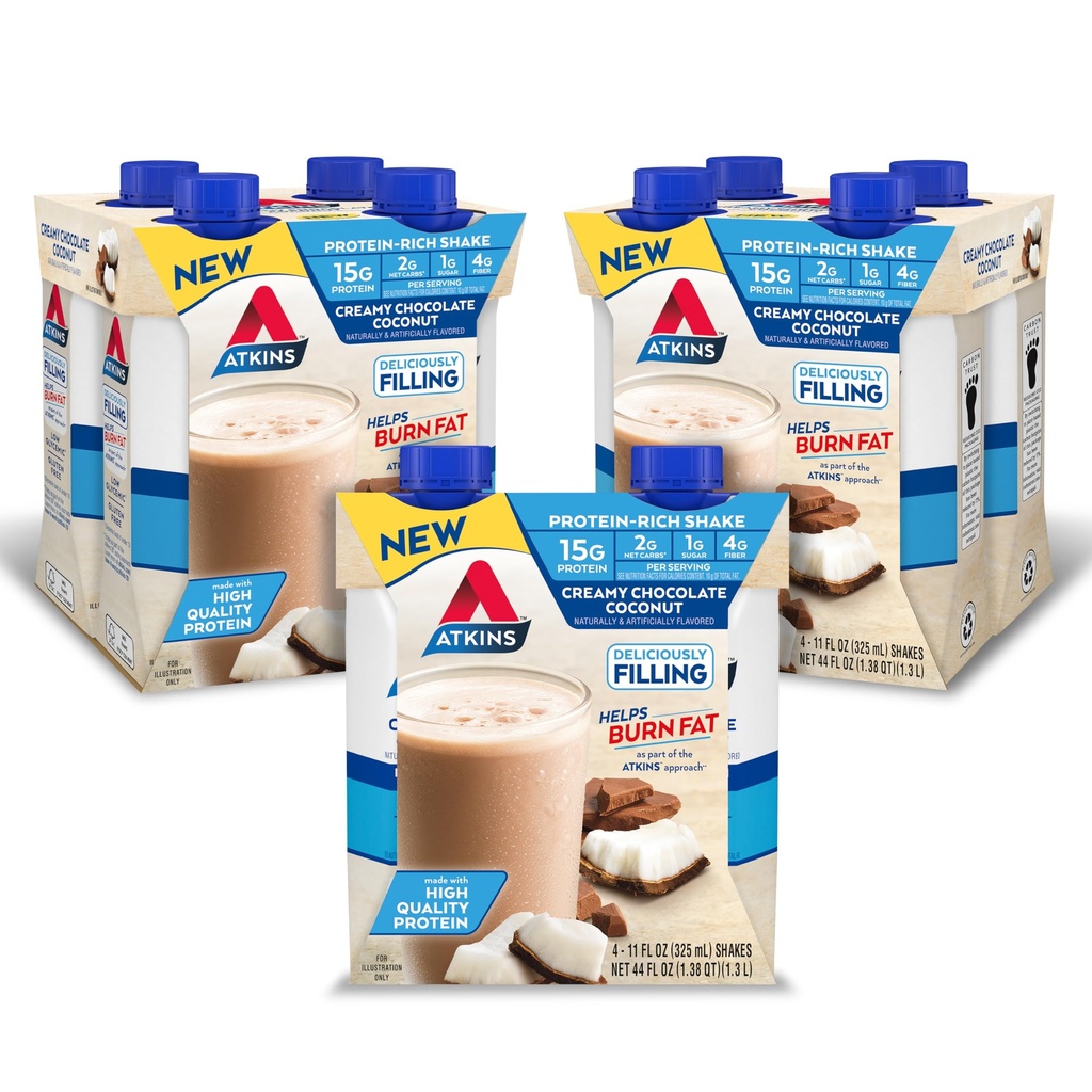 Atkins Chocolat crémeux Coconut Protein Shake, 15g de protéines, 2g de glucides nets, 1g de sucre, Keto Friendly, 12 Compte