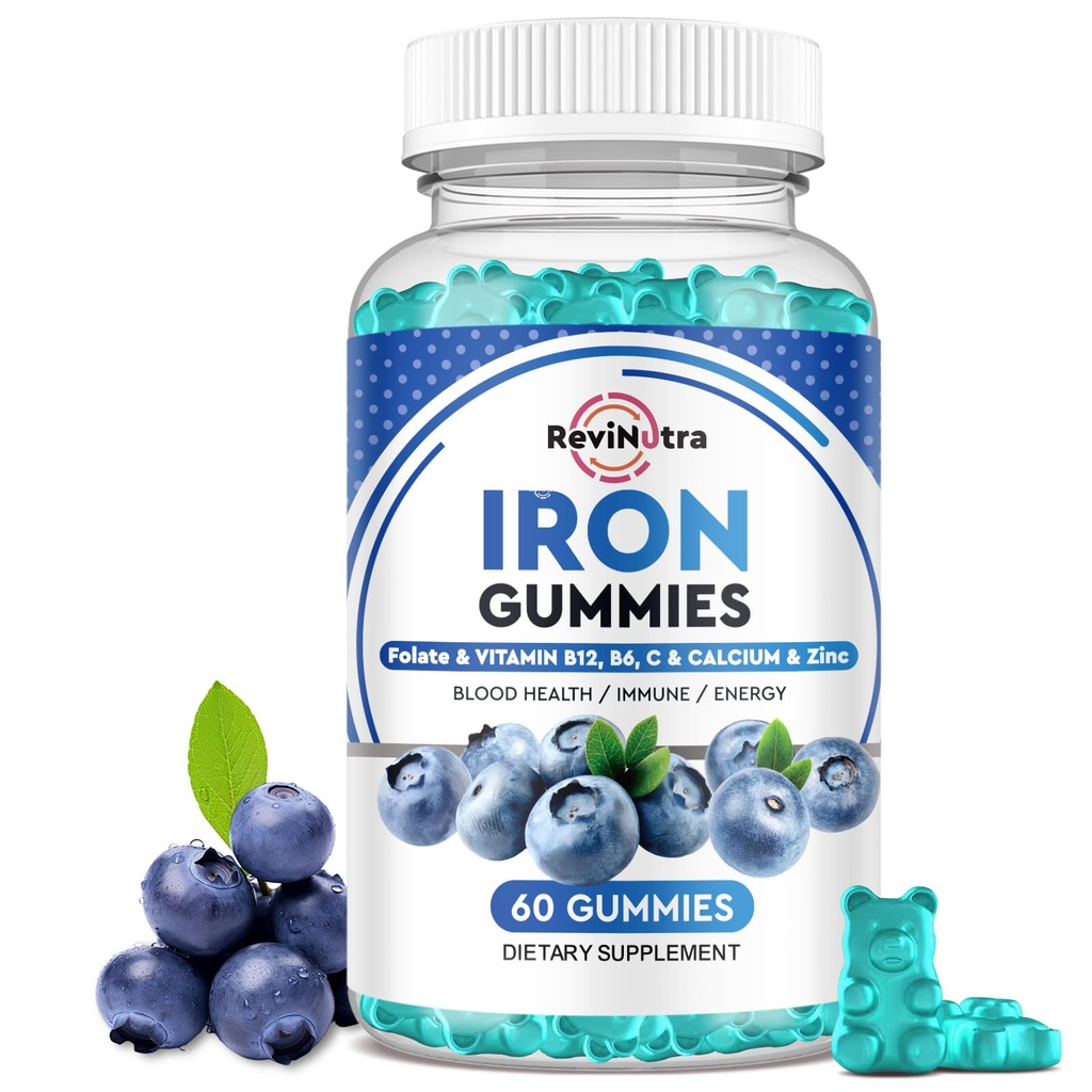 Iron Gummies - met Calcium, Zink, Folaat & Vitamine B12, C,B6 voor volwassenen & Kids - Blood Builder & Energy Ondersteuning voor ijzertekort, anemie, veganist - Blueberry Flavor, 60 Gummies