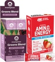 Amazing Grass Bundle of Optimum Nutrition Essential Amino Energy Plus Electrolytes Stick Packs, Energy Powder, Strawberry Burst, 7 Count Greens Superfood Antioxydant: Sweet Berry, 15 portions