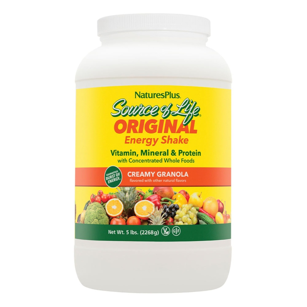 NaturesPlus Source of Life Energy Shake - 5 lbs, Vegetarische Drink Mix - Granola smaak - Multivitamine, Mineral & Protein Powder - Whole Food Meal Replacement - Non-GMO, Gluten-Free - 58 porties