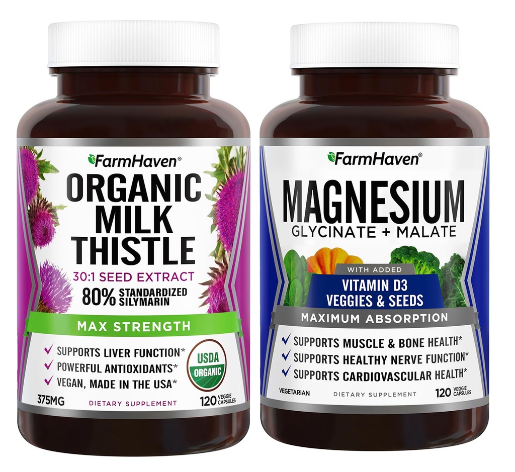 FarmHaven Milk Thistle Capsules & Magnesium Glycinate & Malate Complex w/Vitamine D3