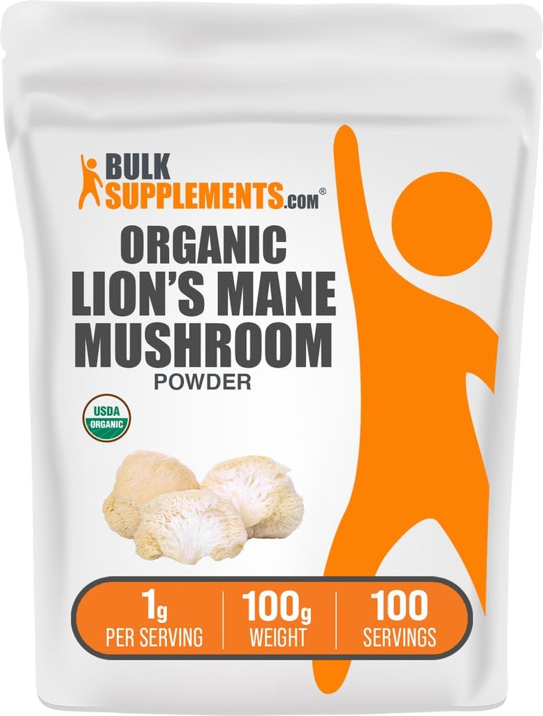 BulkSupplements.com Poudre de champignons bio Lions Mane - Poudre de champignons Lions, Supplément de champignons - Vegan & Gluten Free, 1g par portion, 100g (3.5 oz) (paquet de 1)