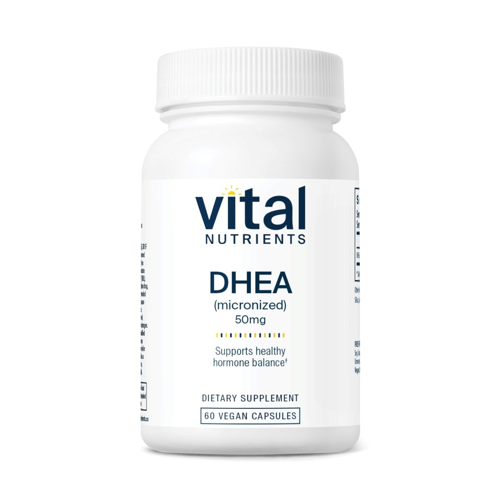 Nutriments vitaux DHEA 50mg de supplément DHEA micronisé végétalien pour les femmes et les hommes soutient l'équilibre hormonal soutient le métabolisme sain du sucre et des minéraux, gluten, lait, sans soja, 60 capsules