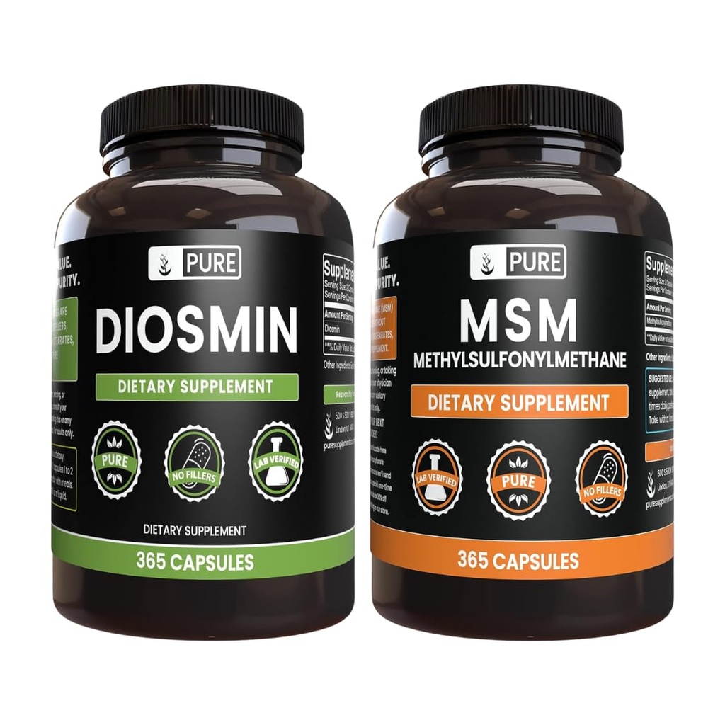 PURE ORIGINEEL INGREDIËNTEN Diosmin en MSM Bundel, 365 Capsules Elke, Geen Magnesium of Rijst Fillers, altijd zuiver
