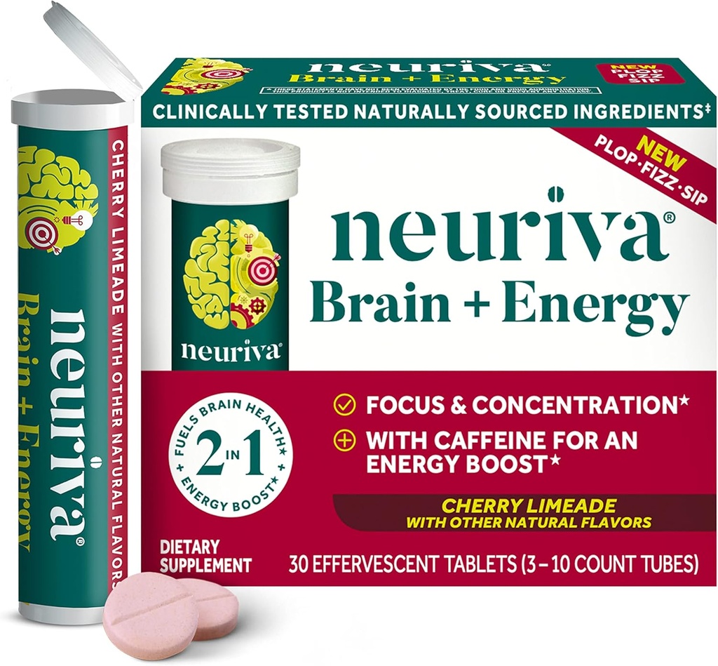 NEURIVA Brain + Energy Supplement met klinisch geteste Neurofactor voor focus & concentratie, vitamine B12, & 150 mg cafeïne voor een onmiddellijke energieboost, 30ct Cherry Limeade Bruistabletten