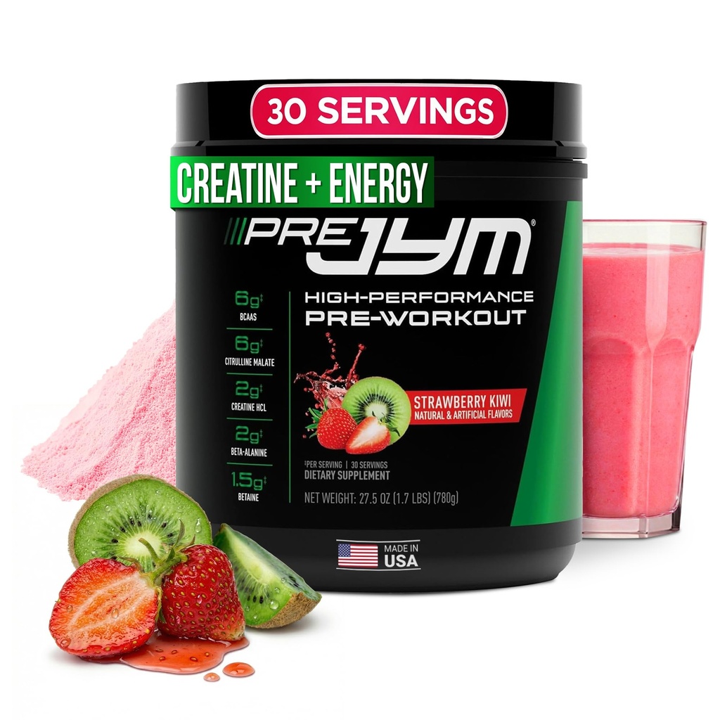 JYM Supplement Science Pre JYM Strawberry Kiwi Pre Workout Powder - BCAA's, Nootropics, Creatine HCI, Citrulline, Beta-Alanine, Betaine, Taurine, Huperzine 30 Servers