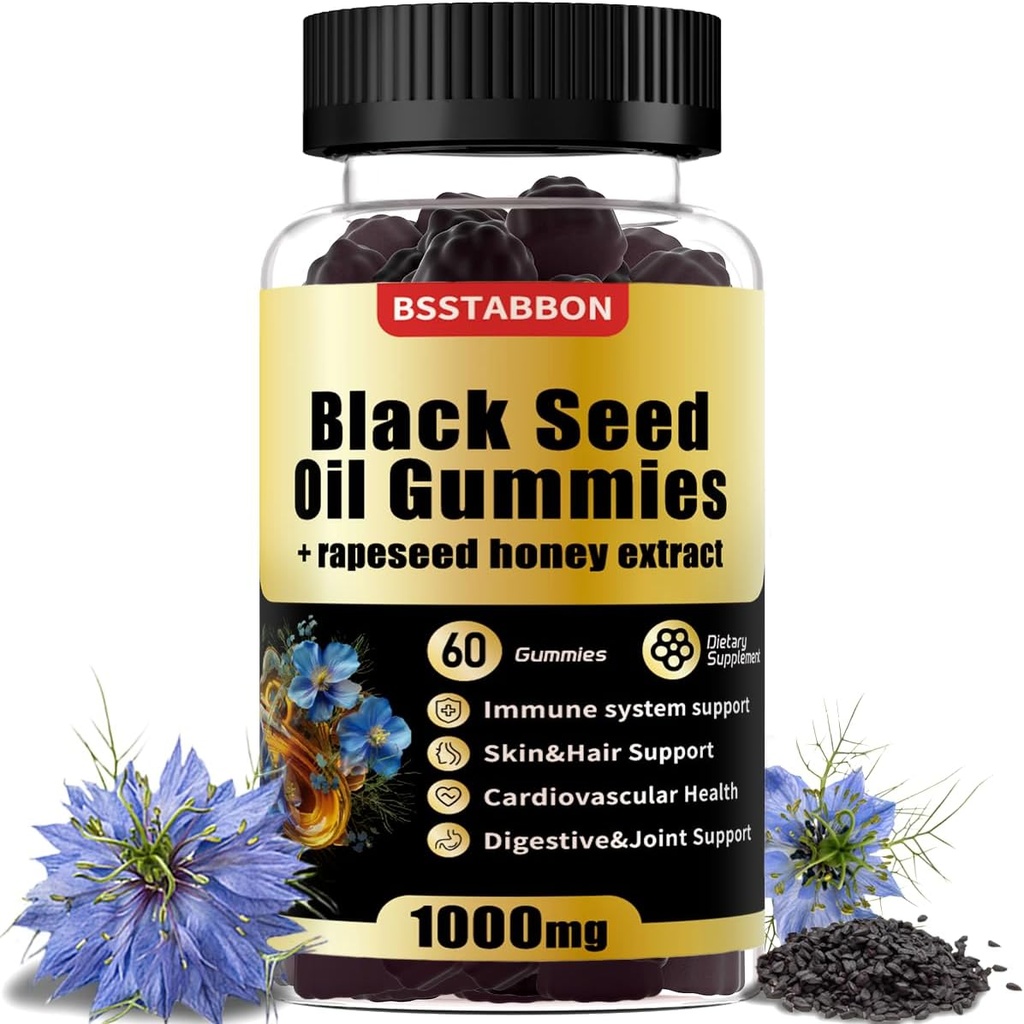 Zwarte zaadolie Gummies met 1000mg Biologische Zwarte Zaadolie, 25mg koolzaad Honing Extract,Vitamine B6,B12 en zink voor Immuun Systeem Ondersteuning (60 Gummies) (60 Tel.)