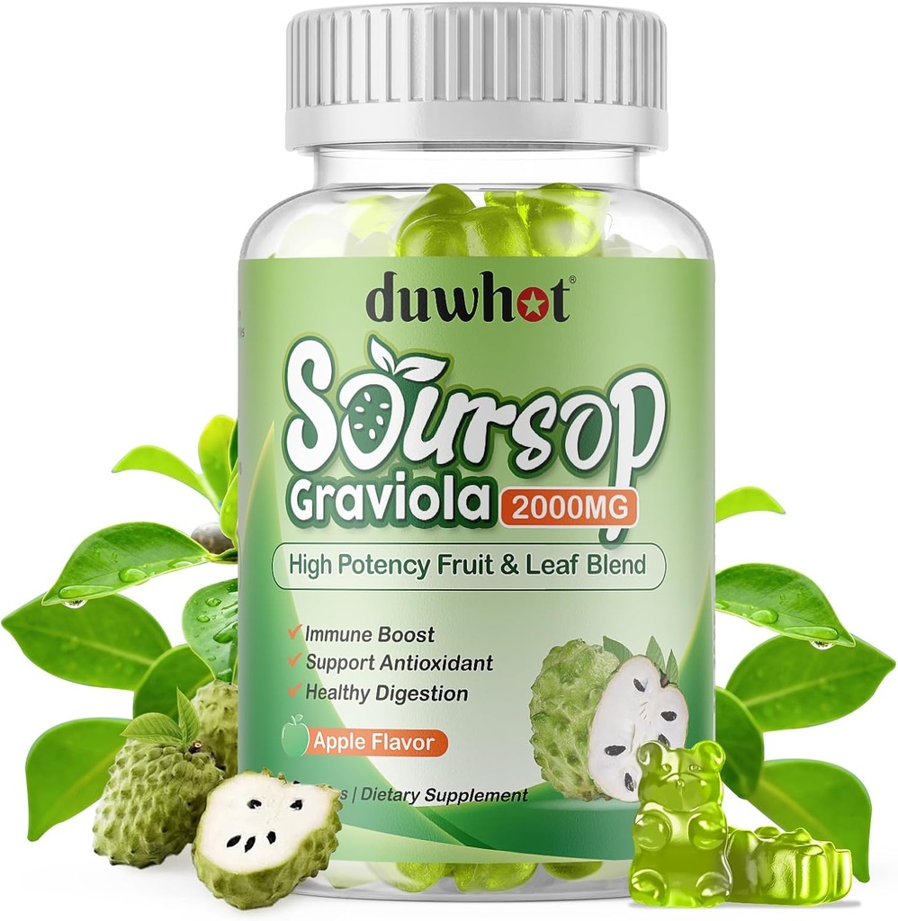 Soursop Gummies 2000MG, Soursop Leaf & Fruit Extract voor volwassenen, Soursop Fruits w/Vitaminc C voor Immune Support, Antioxidant and Digestief Aid, Vegan, 60 Counts