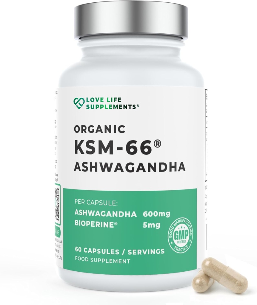 Love Life Supplementen Biologische Ashwagandha KSM-66®, 2 maanden levering - 60 capsules, hoge sterkte 600 mg per capsule, 5% Withanolides, Bioperine® voor verhoogde absorptie, Zero Fillers, Lab getest