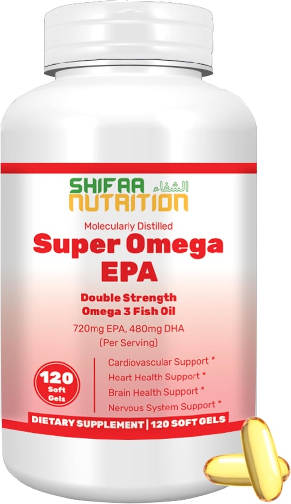 SHIFA NUTRITION Halal Fish Oil Softgels 120 Ct, Dubbele sterkte - Halal Omega 3 Visolie Supplementen. Wild gevangen, niet-GMO en gezuiverd