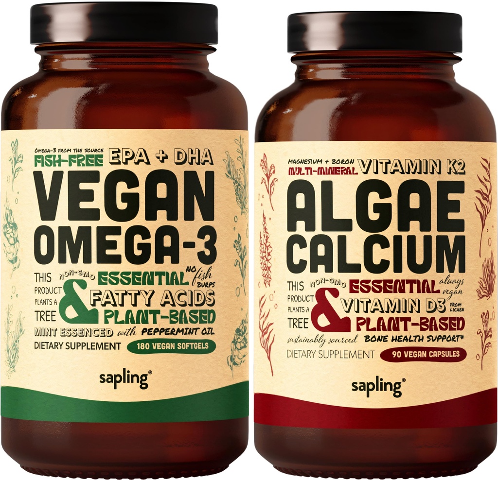 Vegan Omega 3 180 Softgels & Algae Calcium Bundle - Acide gras à base végétale DHA & EPA, supplément de calcium des algues rouges avec vitamine K2 & D3, Magnésium, zinc, Boron, Complexe minéral