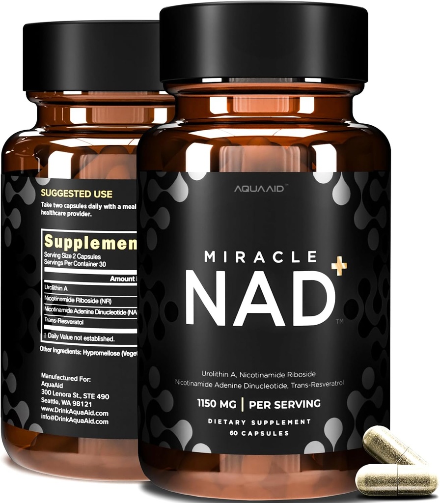 Miracle NAD+ Supplément - Urolithine A, Nicotinamide Riboside NR, NAD, Trans Resvératrol 1150 mg pour les hommes et les femmes - Anti-vieillissement, réparation cellulaire, NMN Alternative - 3e partie testé 60 capsules