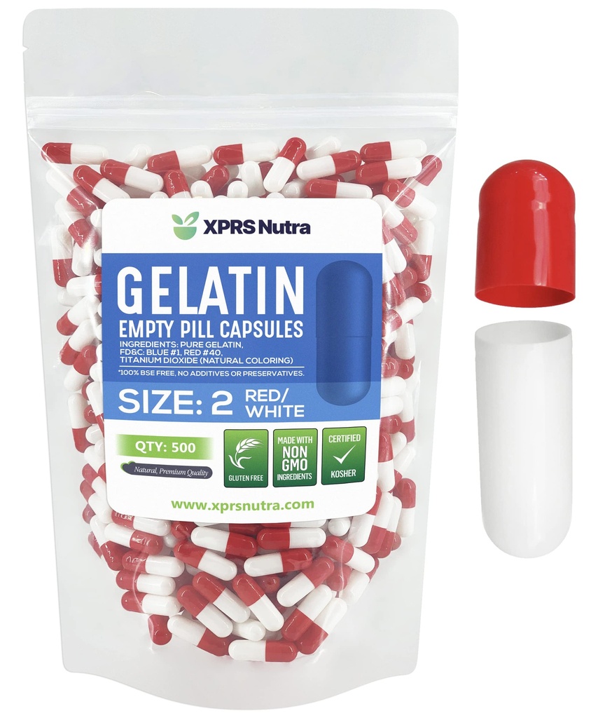 XPRS Nutra Taille 2 Capsules vides - 500 Compte Capsules de gélatine vides - Pills Bricolage Capsule Remplissage - Gel de pilules pures pour Do-It-Youlf Suppléments (Rouge/Blanc)