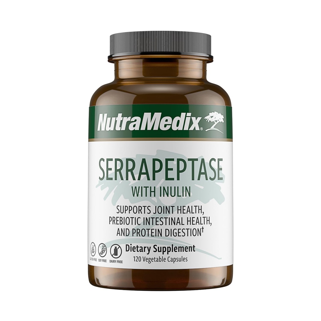 NutraMedix Serrapeptase Supplement met Proteolytische Digestieve enzymen voor vrouwen en mannen - Inulin Prebiotic Fiber for Gut Health & Joint Support - Dairy, Soy & Gluten-Free (120 capsules)